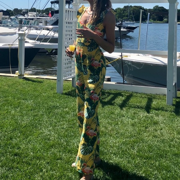 Yellow Flamingo Patterned Jumpsuit Size L - Picture 1 of 6